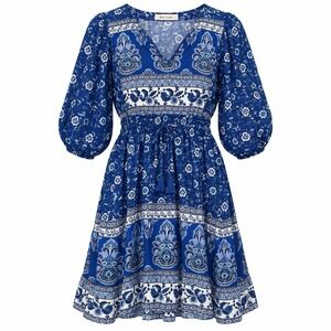 Rusttydustty Womens Small Blue Mini Dress Boho Paisley Floral Peasant Dress